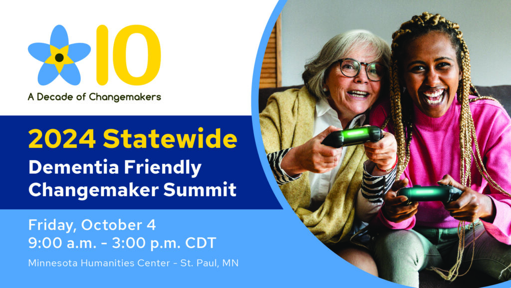 Graphic showing two adults holding video game controllers. To the left of the photo is the text "2024 Statewide Dementia Friendly Changemaker Summit"