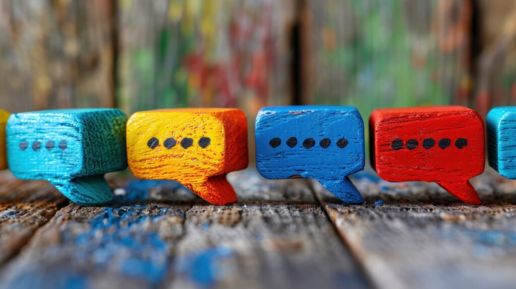 Photo of several colorful speech bubbles made out of wood.