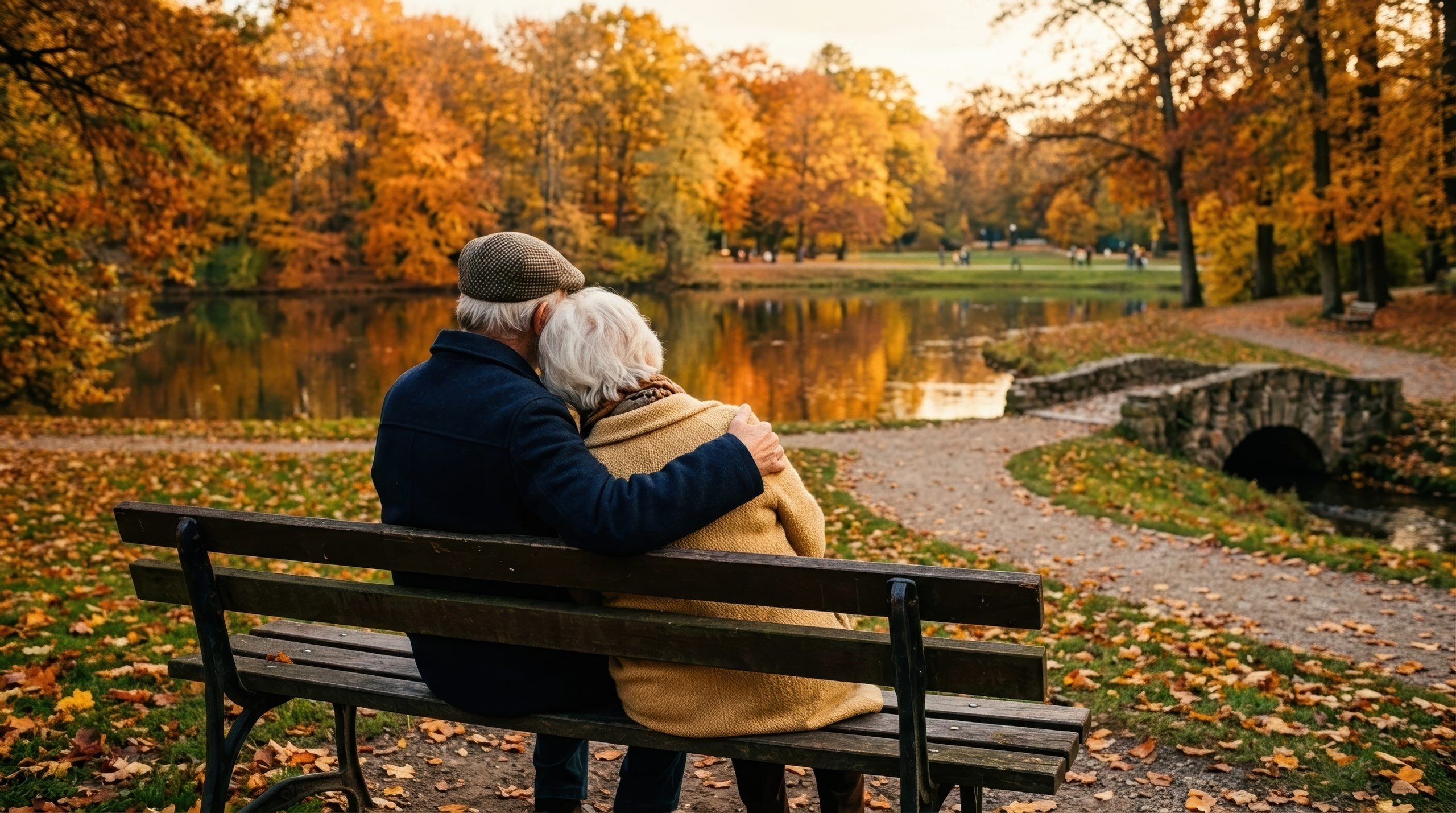 Older couple sitting on a park bench looking out over a pond.